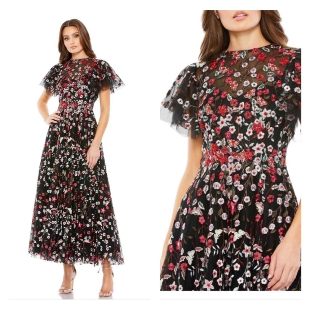 Mac Duggal 20323 NWT EMBELLISHED BUTTERFLY TEA LENGTH A LINE DRESS